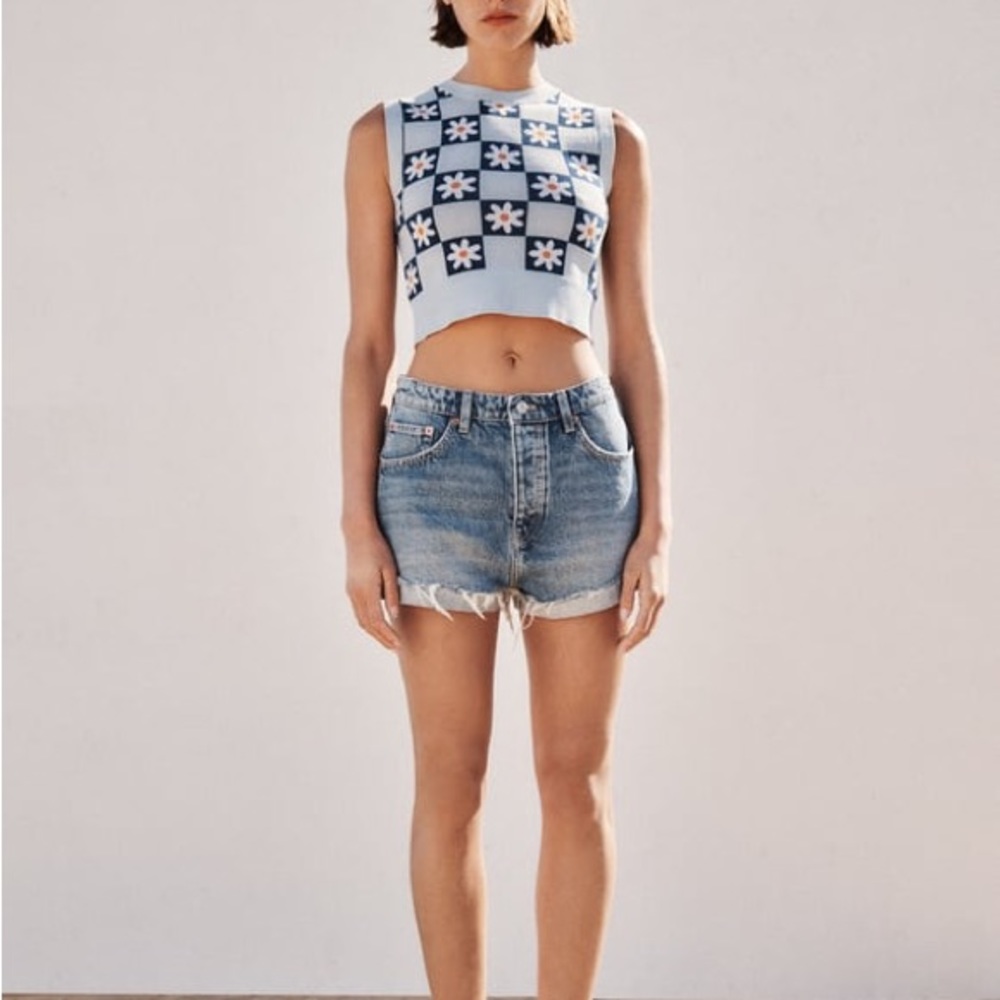 zara daisy jacquard sweater Zara Daisy Jacquard Sweater Crop Top sleeveless sz M